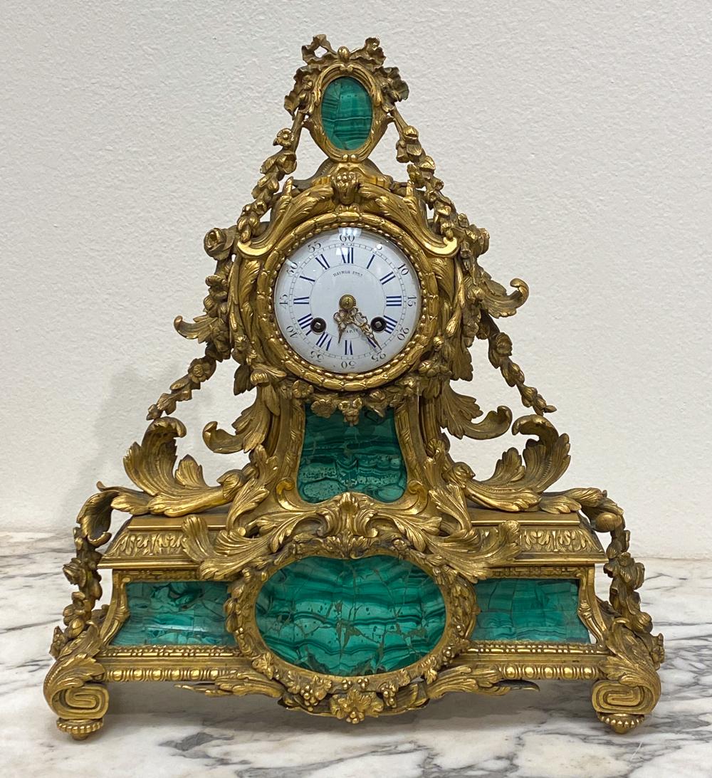 Fine French Malachite And Bronze Mantel Clock: Nice Condition. Clock Parts Are Not Guaranteed. Assume Clock Will Need To Be Serviced And Is Not In Working Condition. Inspect Photos. 17 x 15.5 x 5.