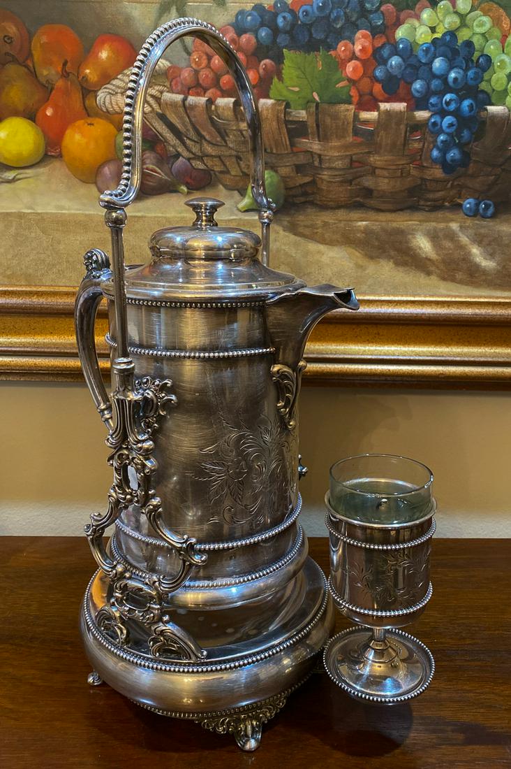 Victorian Silverplated Water Cooler On Stand: See Photos For Forbes Mark And Lining. 20 1/4 High Hinge Needs Repair. English, 1875.
