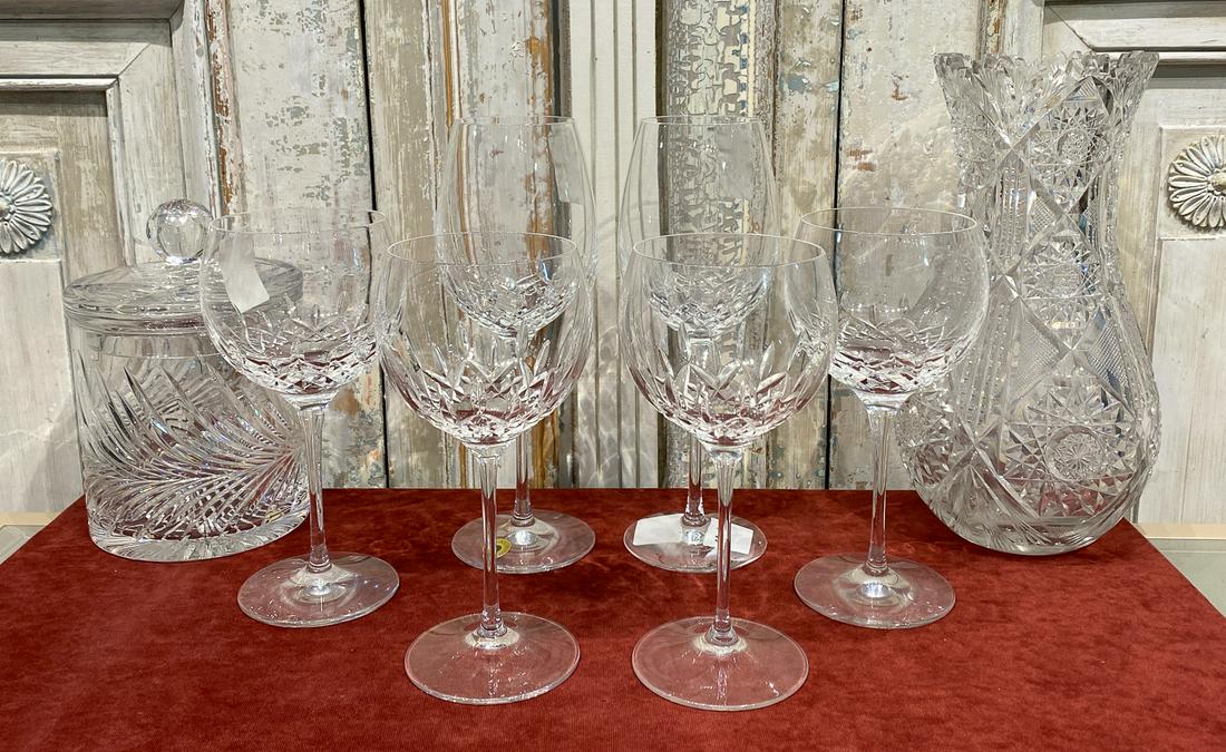 Waterford Stemware And Cut Glass Lot: 6 Waterford Glasses, 2 Lismore Never Used With Box, With An Unsigned Cut Glass Vase And Biscuit Jar. Vase Is 12 Inches High. Only 1 Chip To Vase.