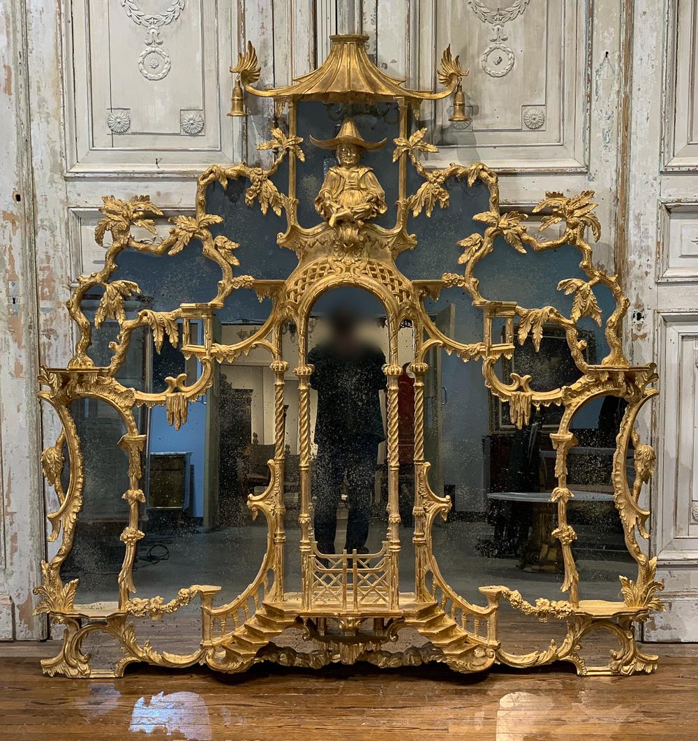 Monumental Chinese Chippendale Carved Mirror: Rare! Over 6 Feet Tall George II Style Giltwood Mirror. Topped With Man Resting On Rocaille In Pagoda. Remarkably Similar To The Mirror In The Chinese Bedroom At Badminton House, Originally By William