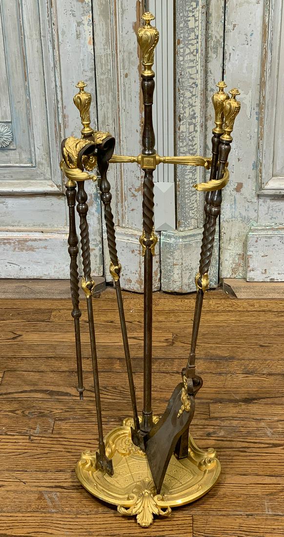 Fine French Gilt Bronze & Steel Fireplace Tools: 36.5h X 12w X 11d. Good Condition.