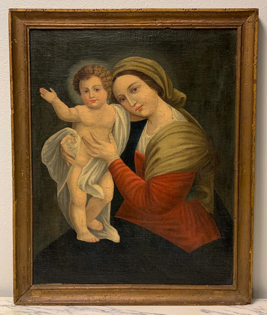 19th Century Oil On Canvas Of Madonna And Child: Unsigned. 24.5w X 30h. 20.5w X 26.25 Visible Area. Craquelure Commensurate With Age.