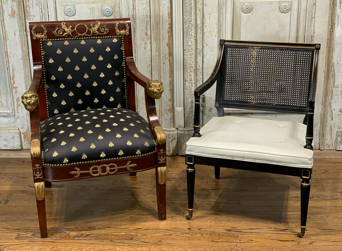 Lot Of 2 Armchairs: Empire And Directoire Style. Left - 20th Century With Custom Bee Motif Upholstery Emblematic of Napoleon III And Gilt Mounts, 26.5w X 37.5h X 24d. Right - 20th Century French Black Lacquered With Cane