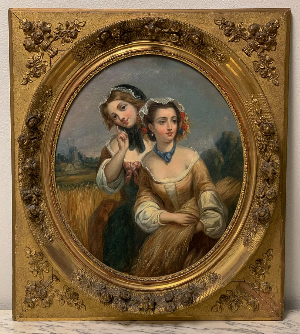 19th Century Oil On Canvas Of Maidens In Field: In Giltwood Oval Frame With Carved Rosettes. 29h X 25.75h In Frame. 17.5w X 21h Visible Area. Frame Has Losses And Repair. Painting Has Small Puncture And Previous Repair To Verso.