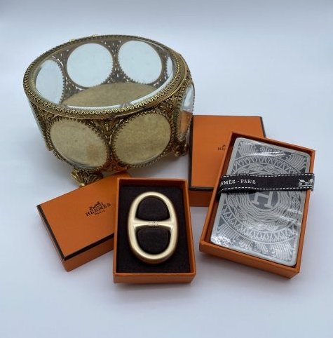 Hermes Gift Lot And Jewelry Box: Sealed Deck Of Playing Cards And Chain D'ancre Scarf Keeper In Brushed Gold Finish. Very Good, Condition. Jewelry Box Is Missing Closure.