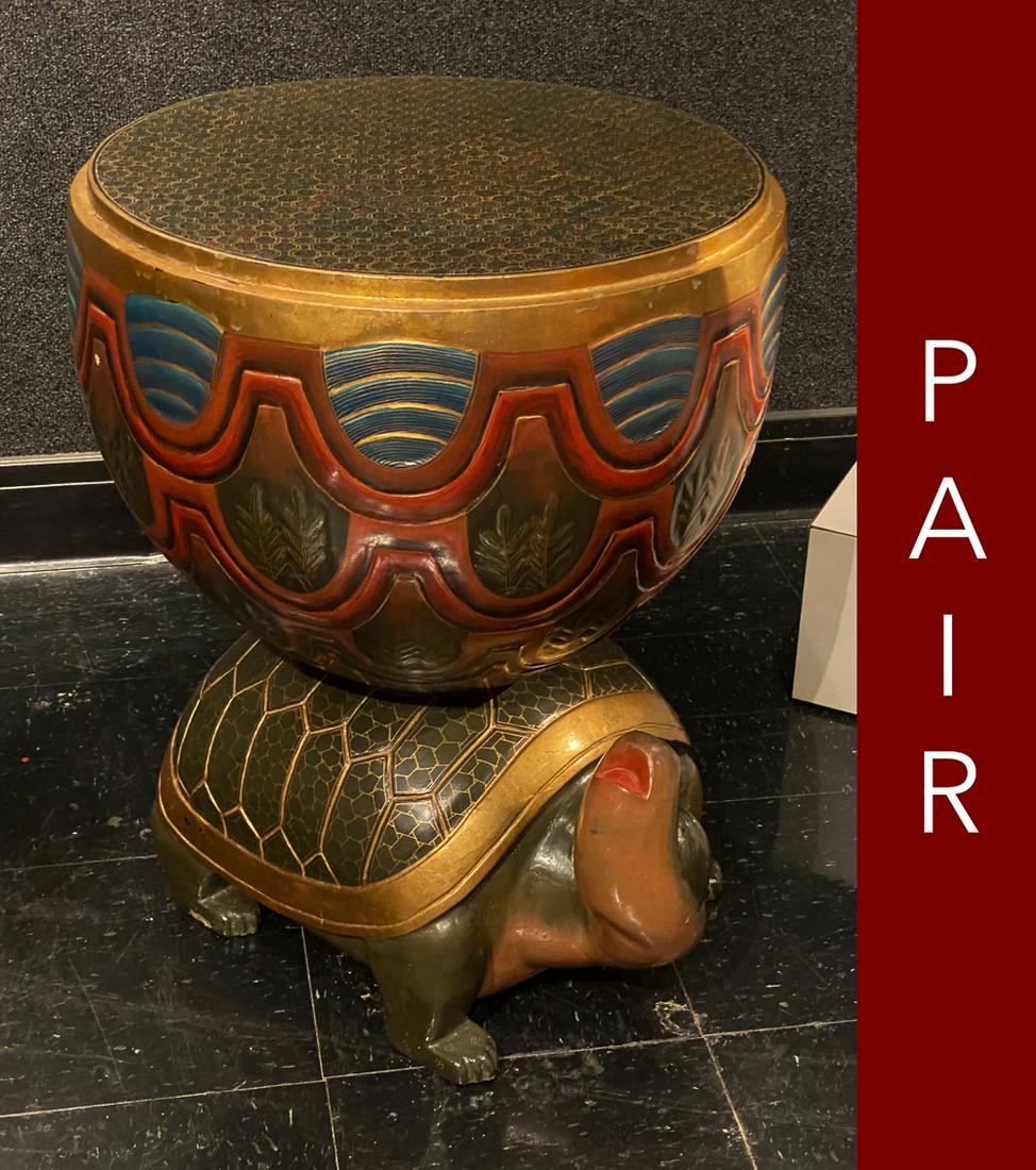 Pair Of Chinese Tables In Turtle Form: With Drums On Their Backs. Minor Scuffs. 20.5w X 26h 638