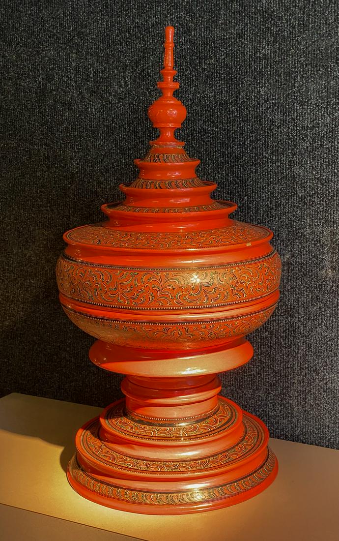 Burmese Ceremonial Bowl In Orange Lacquer: With Black Lacquer Decorations. Very Good Condition. 18.5 X 10