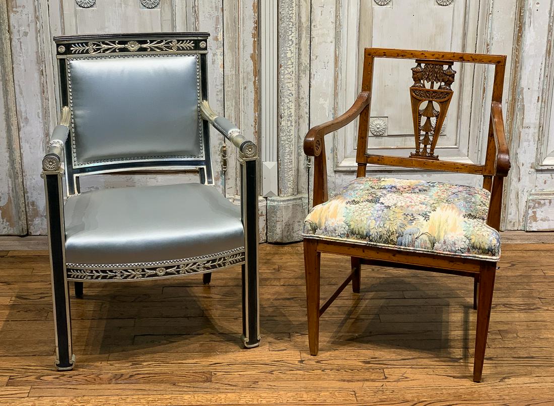 Lot Of 2 Fine Armchairs: Black And Silver With Silk Upholstery 23d X 24w X 35h. Other Is Antique 23w X 18d X 33.5h. Both Very Good Condition. Directoire And Sheraton Styles.