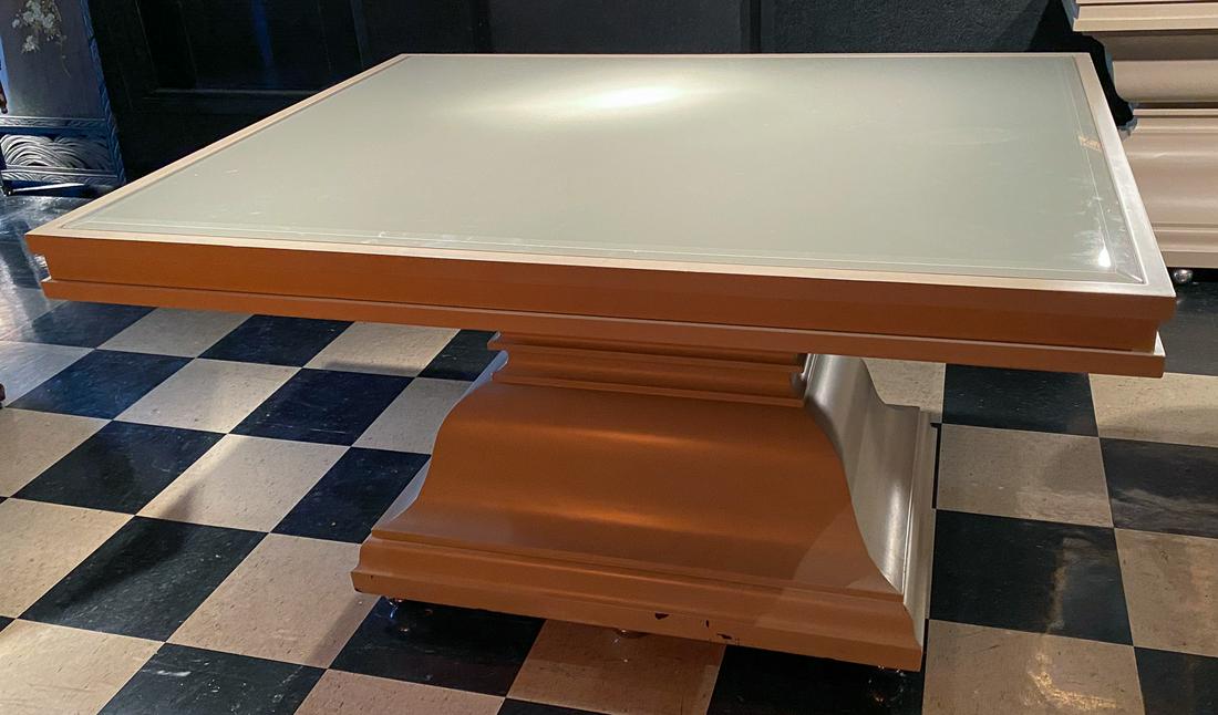 Custom Center Table With Beveled Glass Top: A Large Custom Designed Rectangular And Taupe Painted Wood Center Table With Recessed Beveled Glass Top. Good Condition, See Photos For Some Dings, Chip to Side, and Paint Loss to Bottom. 40 x 52 x 30