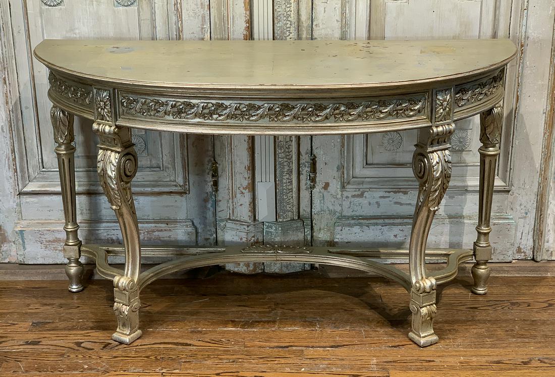 French Style Silver Gilt Carved Console Server: 20th Century With Serving Drawer. 55.5w X 12.25d X 32.5h. See Photos For Condition And Some Scratches to Gilding Or Paint.