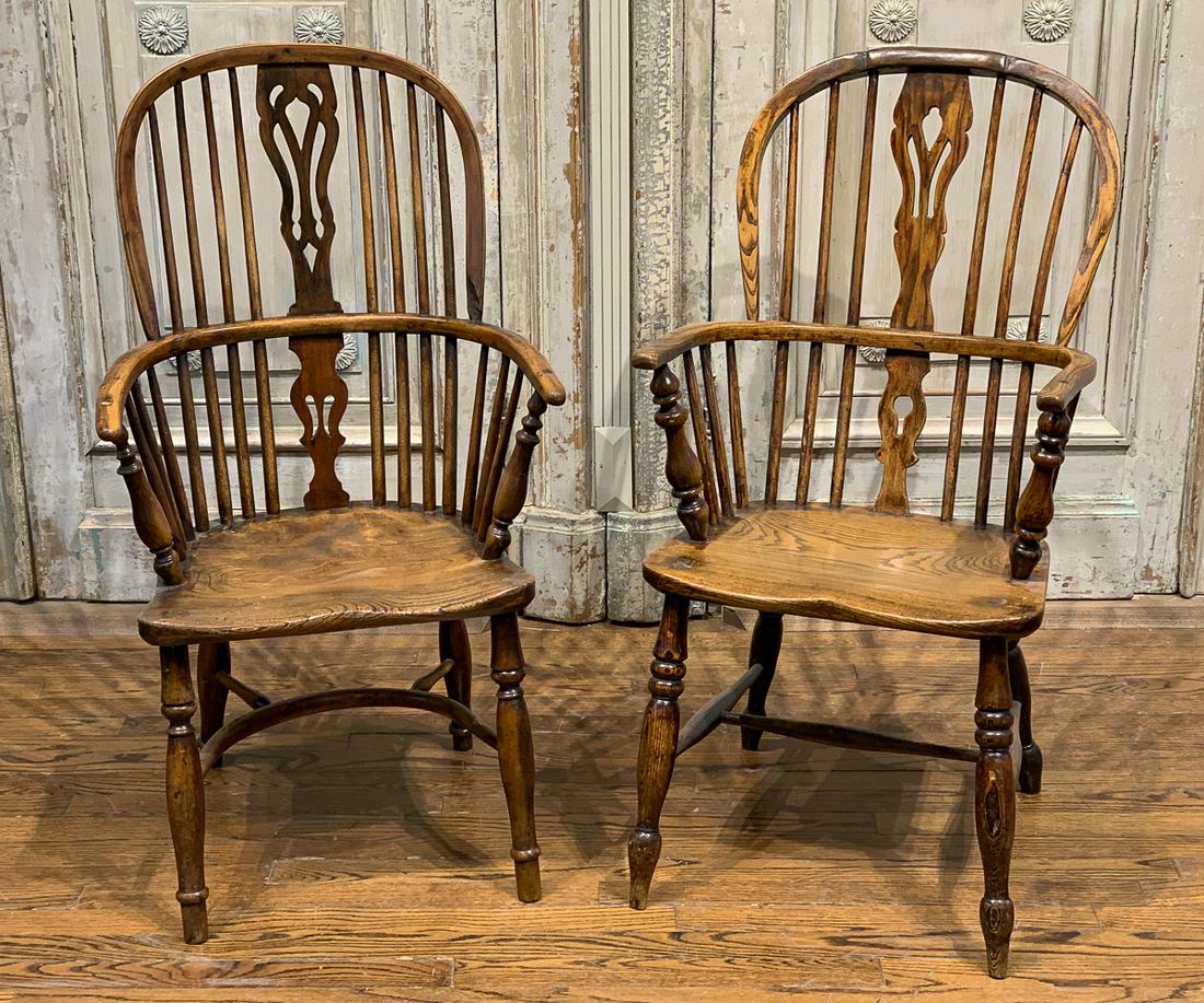 19th Century Companion Pair Of Windsor Armchairs: Largest Is 38.5h X 21.5w X 29d. Typical Antique Condition.