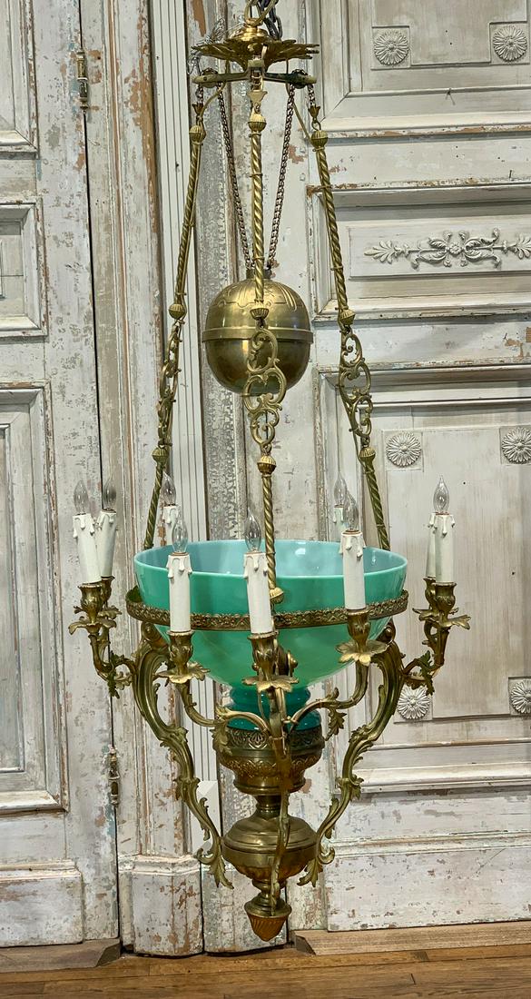 Antique French Victorian Gilt Bronze Chandelier: With 6-lights And Green Opaline. 52h X 22w. Good Condition As Shown In Photos.