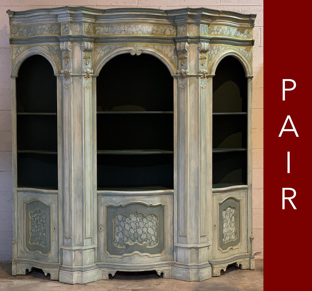 Pair Of Large Painted Cabinets: 20th Century With Faux Finish. Each 96h X 92w X 18d. These Can Be Moved In 3 Sections. Good Condition.