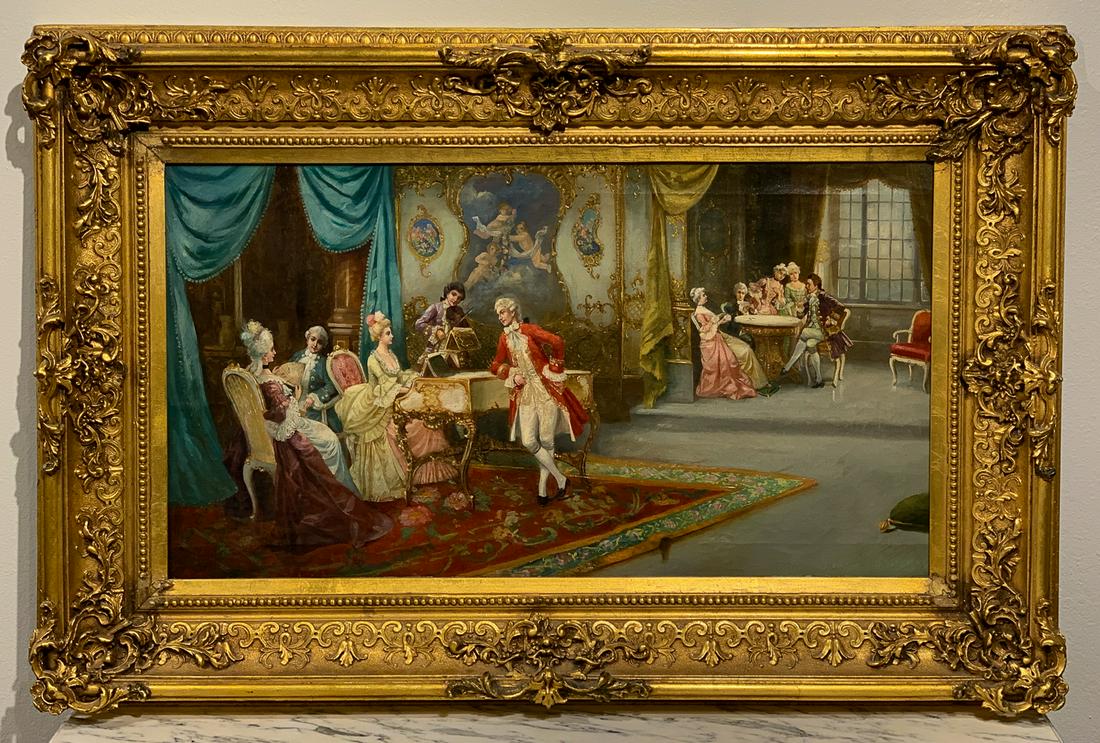 Signed Oil On Canvas, L. Moller: Early 20th Century Painting Of Royalty In Parlor Setting. 28h X 24w In Frame. 31.5w X 17.25h Visible Area. See Photos For Condition.