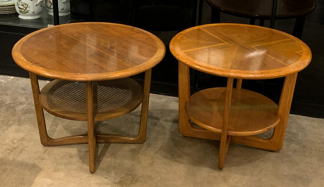 2 Mid-century Side Tables: Companion Pair Of M C M Oak And Walnut Round Tables, One With Cane Shelf. Very Good Condition. 28.5 Wide X 22 High And 27 X 22 High.