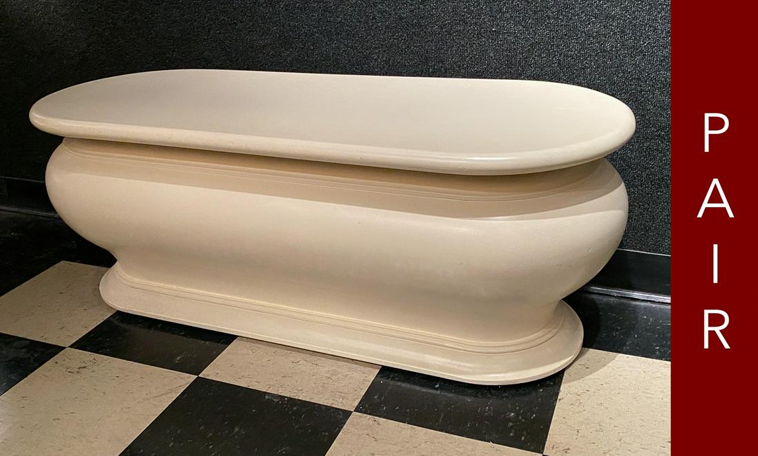 Pair Of Custom Oval Benches: Contemporary Style Designed By Paxton Gremillion; painted wood. Good Condition, But Some Scuffs and A Couple Dings From Age and Use. See photos for dings to one back edge. 45x18x17.5 high.