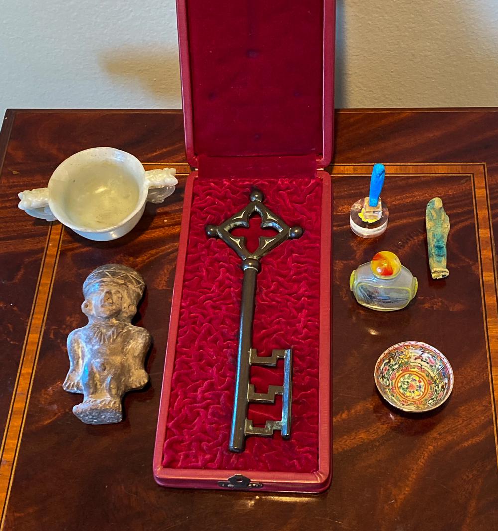 7 Piece Lot Of Antique Articles And Ushabti: Including Chinese Jadeite Cup, Snuff Box, Cloisonne Bowl, And An Antique Key. See Last Photo For COA Of Egyptian Figurine.