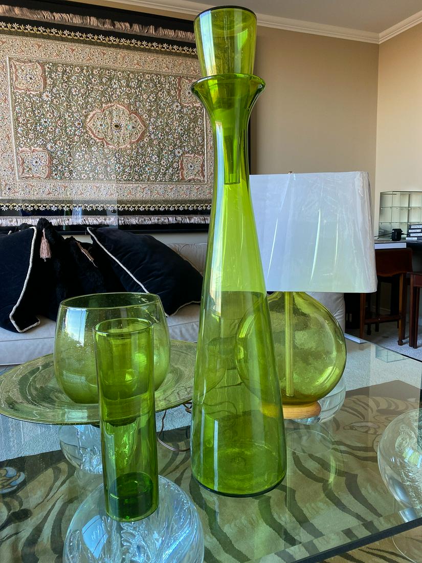 5 Piece Lot Of Blenko Glass: Includes Vase, Lamp, Oversized Decanter, And Bowl In Saucer. As Pictured- No Chips. Large Decanter Type Piece Is 35.5 High.