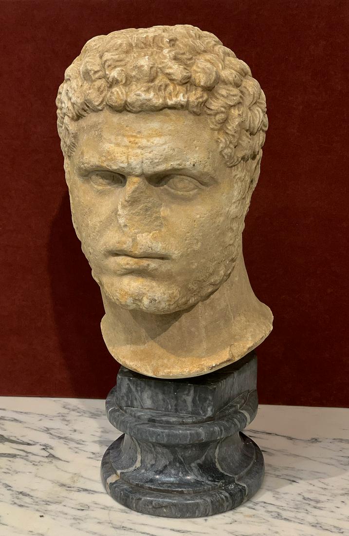 18c Carved Stone Head On Marble Base: Emperor Of Rome Caracalla. 17.75h X 8w Overall With Base. See Photos For Typical Antique Condition. Facial Losses Due To Age.