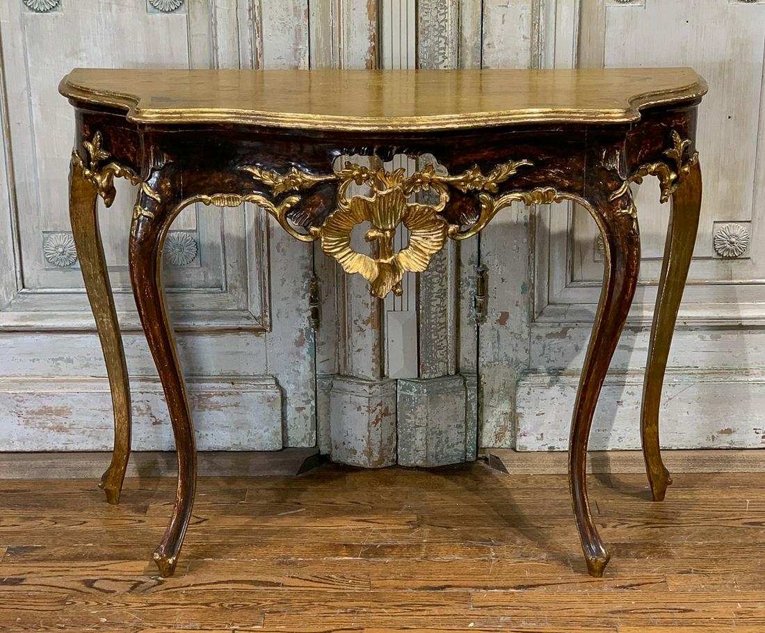 French Style Giltwood And Painted Console: 20th Century Carved On Cabriole Legs And Gold Leaf Top. 44w X 16d X 33h. Some Loss To Finish On Top, See Photos.