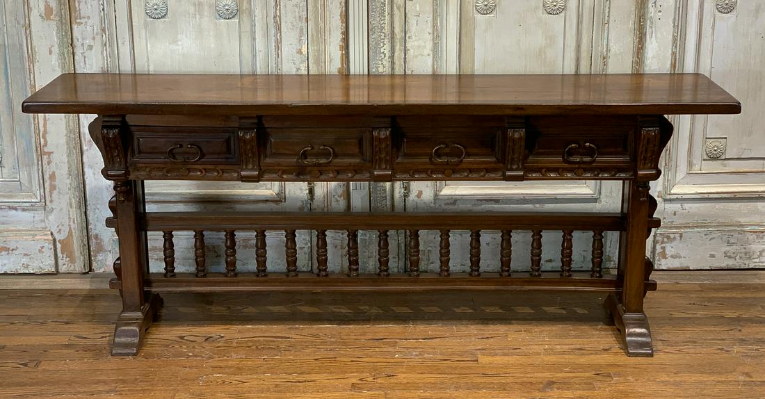 19th Century French Carved Walnut Console: With Drawers And Heavy Hardware. Nice Size For Entry Or As Sofa Table. See Photos For Some Scratches To Top And Scuffs At Base. 79w X 30.5h X 17d