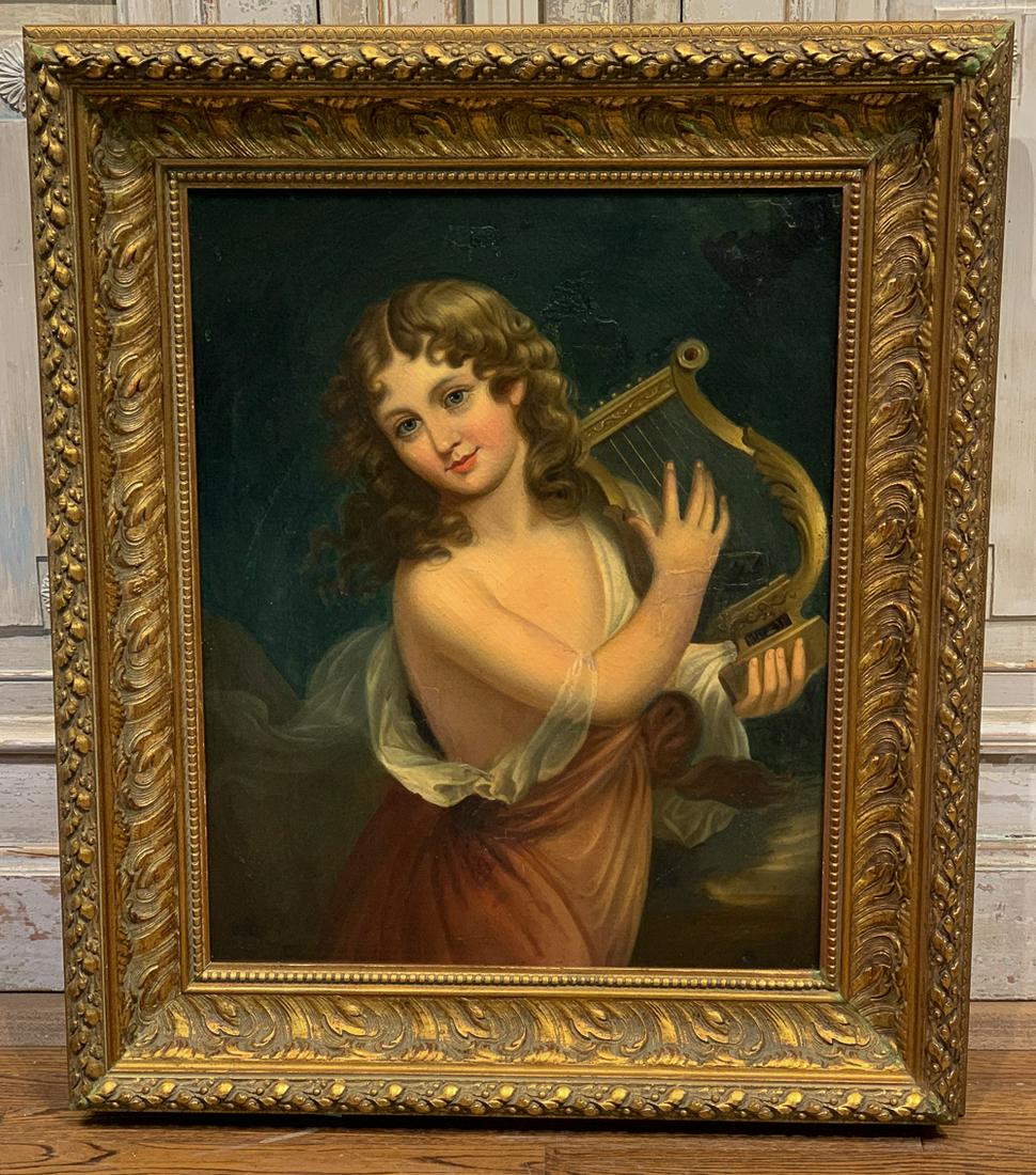 Oil On Board Painting Of Girl With Harp: 20th Century Painting In Later Frame. 33.5w X 39.5h Overall With Frame. 22.5w X 28.5h Visible Area. Has Some Areas Of Repair. See Photos For Condition.