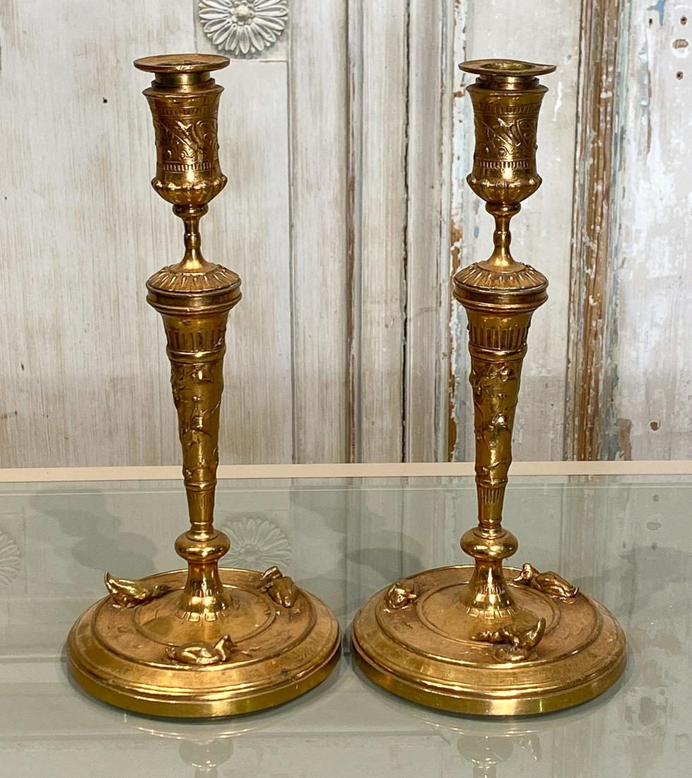 Pair Of French Bronze Candlesticks Marked Cain: Ducks Swimming At Base. Late 19c. 11 Inches High, Marked Cain for Auguste Nicolas Cain.