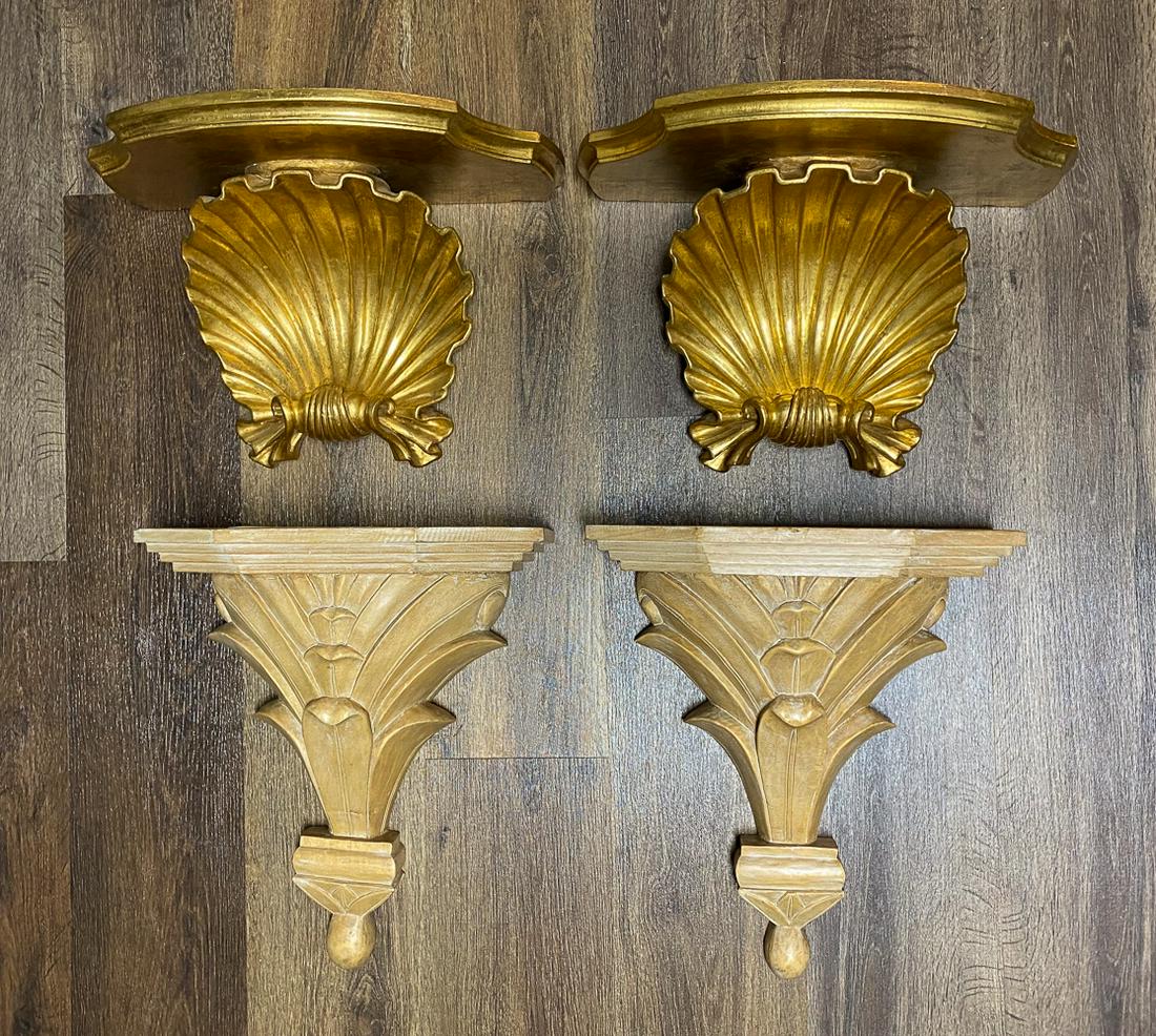 2 Pair Decorative Wall Brackets: Bleached Wood Pair: 17 X 24.5 X 7. Gilt Shells: 11 X 17 X 10. Both Very Good Condition. 20c.
