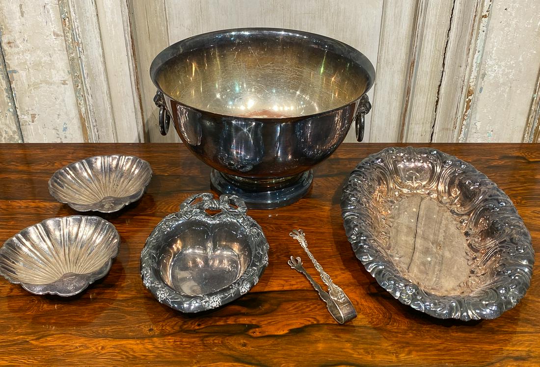 6-piece Lot Of Sterling And Silverplate: 2 Footed Shell Bowls, Reed & Barton Heart-shaped Silverplate Dish, Gorham Bowl, And Sterling Reed & Barton Mini Tongs (.88 Ozt)