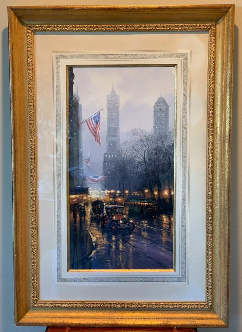 Signed Gouache Painting, John Paul Strain: Entitled Flag Day. 12.75w X 24.75h Visible Area. Overall 26w X 38h. American, Patriotic.
