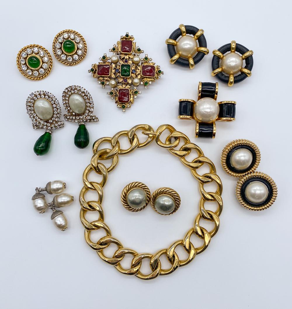 Chanel Vintage Jewelry Group: All Marked Chanel, See Photos For Vintage Condition. One Pair Cuff Links, One Pair Leather Wrapped Ear Clips, 2 Brooches, One Choker, And Other Ear Clips As Shown. Pearls Appear To Have Been Reglued A