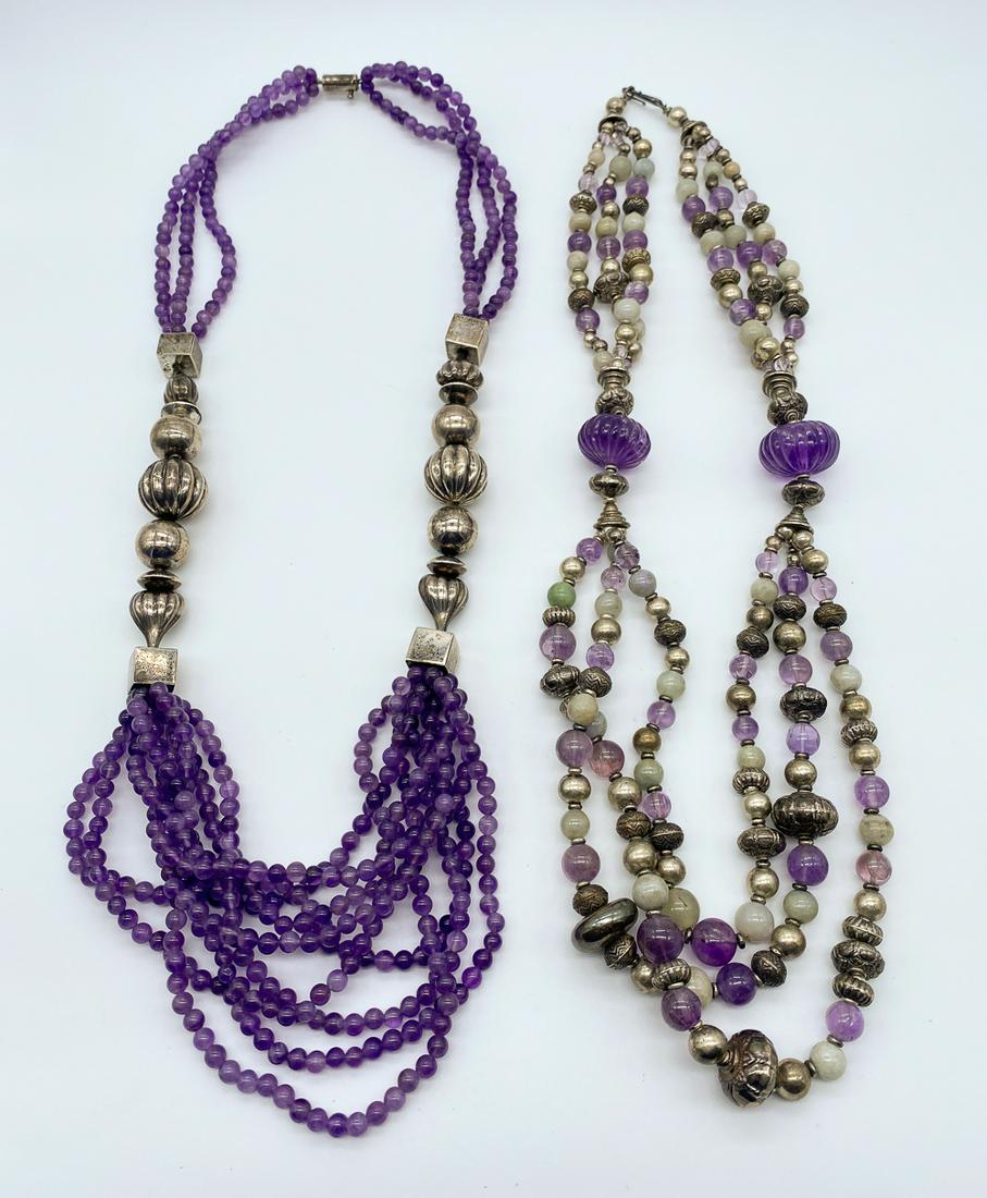 2 Amethyst And Sterling Necklaces: One Mexico 925, One Indonesian 925. Heavy. See Photos For Good Condition. We Remind Prospective Bidders These Pieces Are Vintage And May Need Restringing.