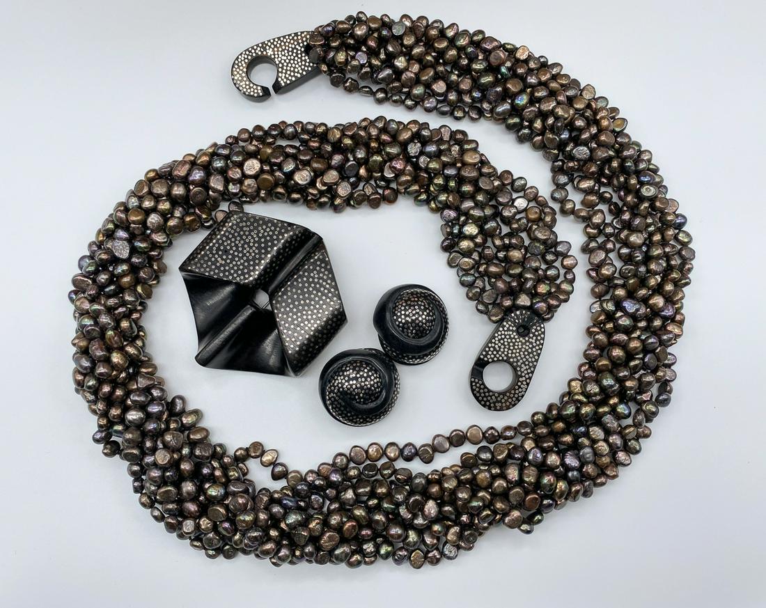 Patricia Von Musulin Set: Ear Clips, Pin, And 40 Inch Torsade Necklace. Each With Sterling Nailhead Inlays. Two Studs Missing In Pin And One Strand Has Detached. All Signed. See Photos. We Remind Prospective Bidders These Piec