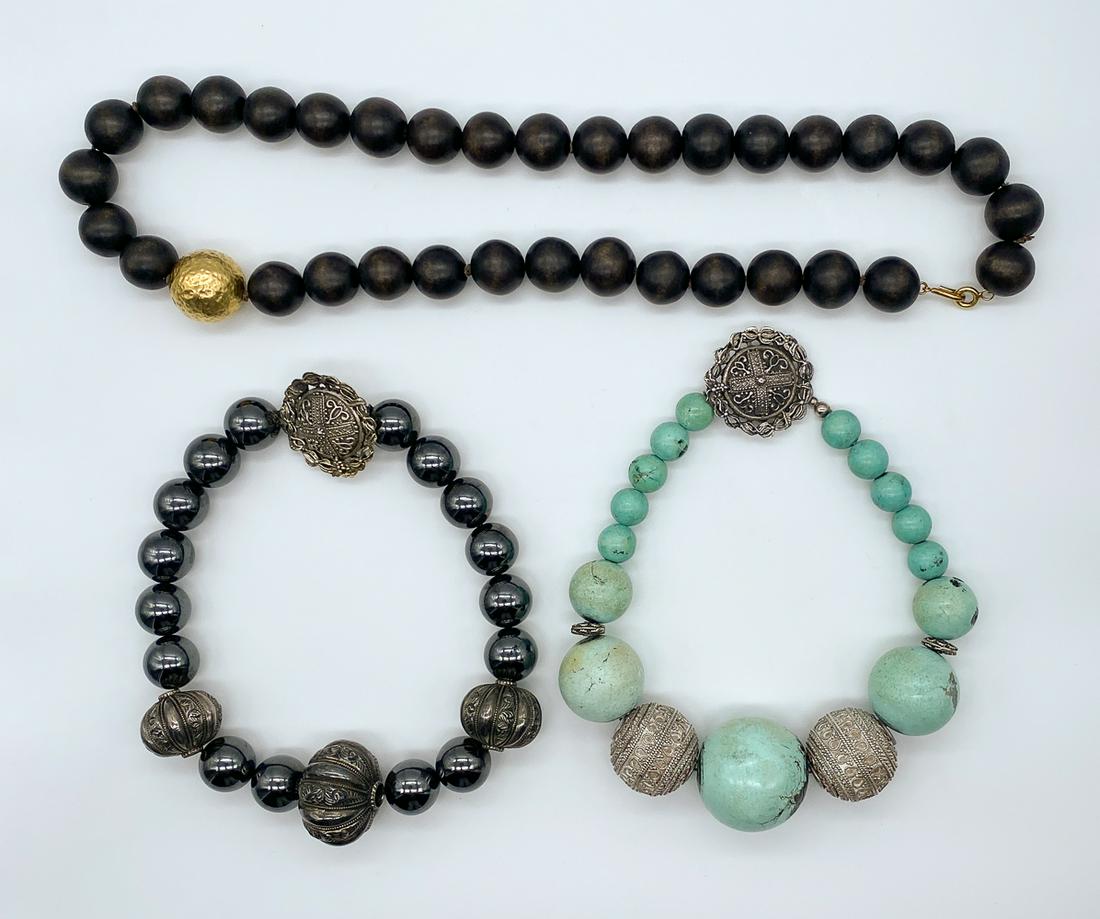 2 Sally Davidson Necklaces: One In Turquoise And One In Hematite. Along With Another Marked Js Sterling. All Marked 925 And In Good Vintage Condition.