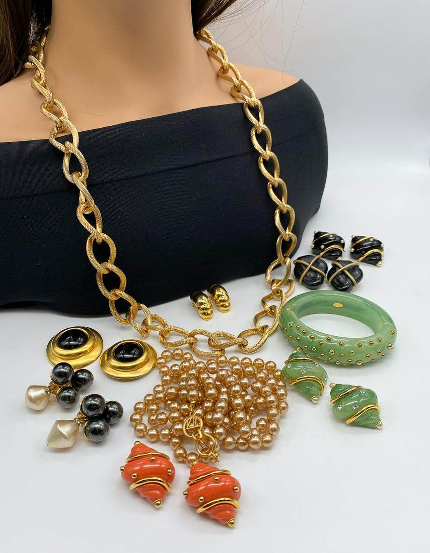 Dior, K J L, And Robert Lee Morris Group: Chain Is 34 Inches End To End, Clasp Allows For Adjustable Lengths. Dangle Earclips Also Marked Christian Dior. Disc Ear Clips Signed Robert Lee Morris. Rene Lange Wrapped Resin Earclips And All Other