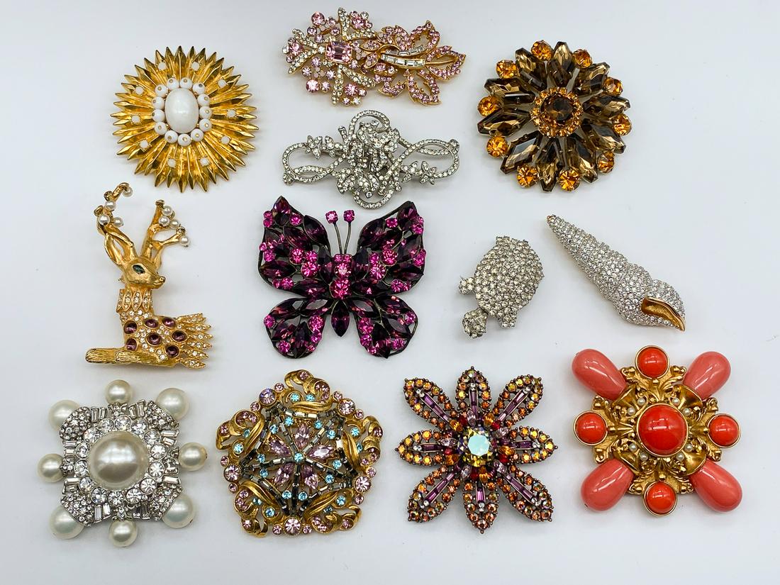 Lot Of Designer Costume Brooches: Including Swarovski Shell Pin, Kjl Deer, Trigar Turtle, Armani Butterfly, And 6 Barrera. All Good Vintage Condition.