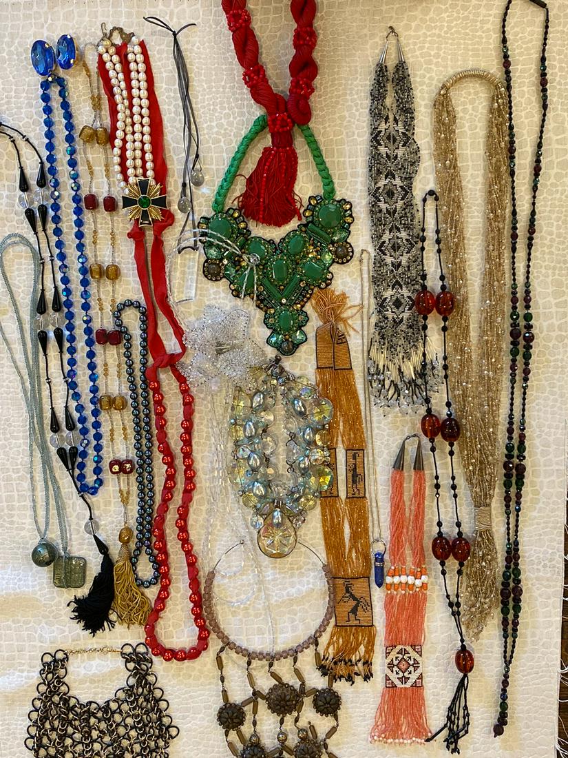 Large Lot Of Costume Jewelry - Lanvin, Chanel: Including Nice Beadwork Necklaces, Ear Clips, Brooches, Beads, Chain Mail Necklace, Glass Prism, And Red Beads Marked Lanvin Paris. All In Good Vintage Condition. Signs Of Wear, Some Pieces Need Clean