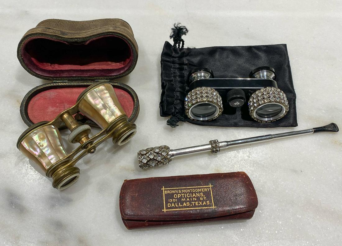 5 Piece Shelf Lot, Opera Glasses: Including Antique Mother Of Pearl Opera Glasses, Vintage Spectacles, And Modern Bejeweled Set.