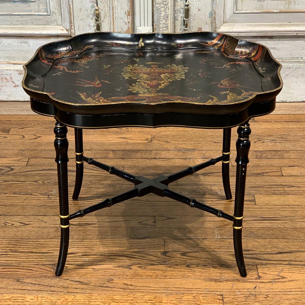 Small Black Lacquered & Hand Painted Tray Table: 20th Century. 25w X 19.5d X 20.25h. See Photos For Condition. Chip In Table Base.