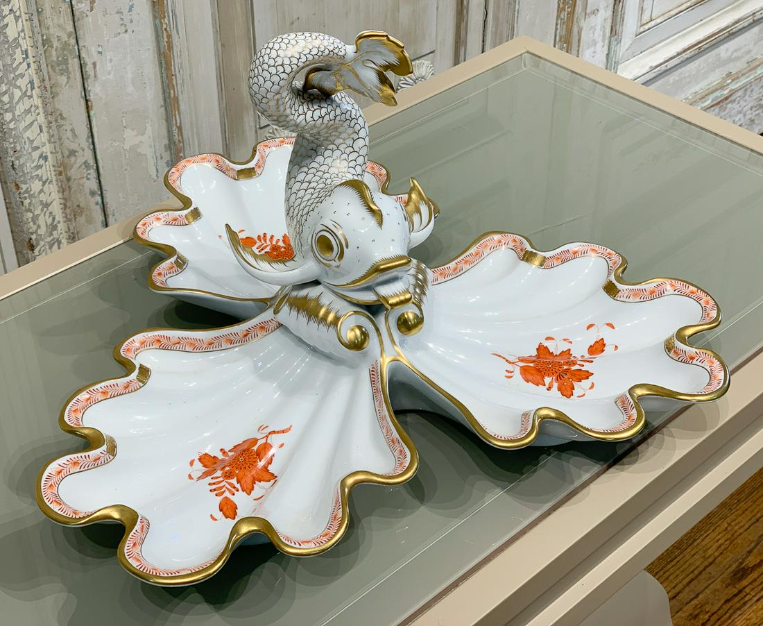 Herend Divided Dish With Meissen Bowl: Large Fish And Shell Divided Dish With Gilt Highlights. Good Condition, See Marks. Herend Bowl Is 17.5w X 16.5d X 9.75. Meissen Is 12 Inches.