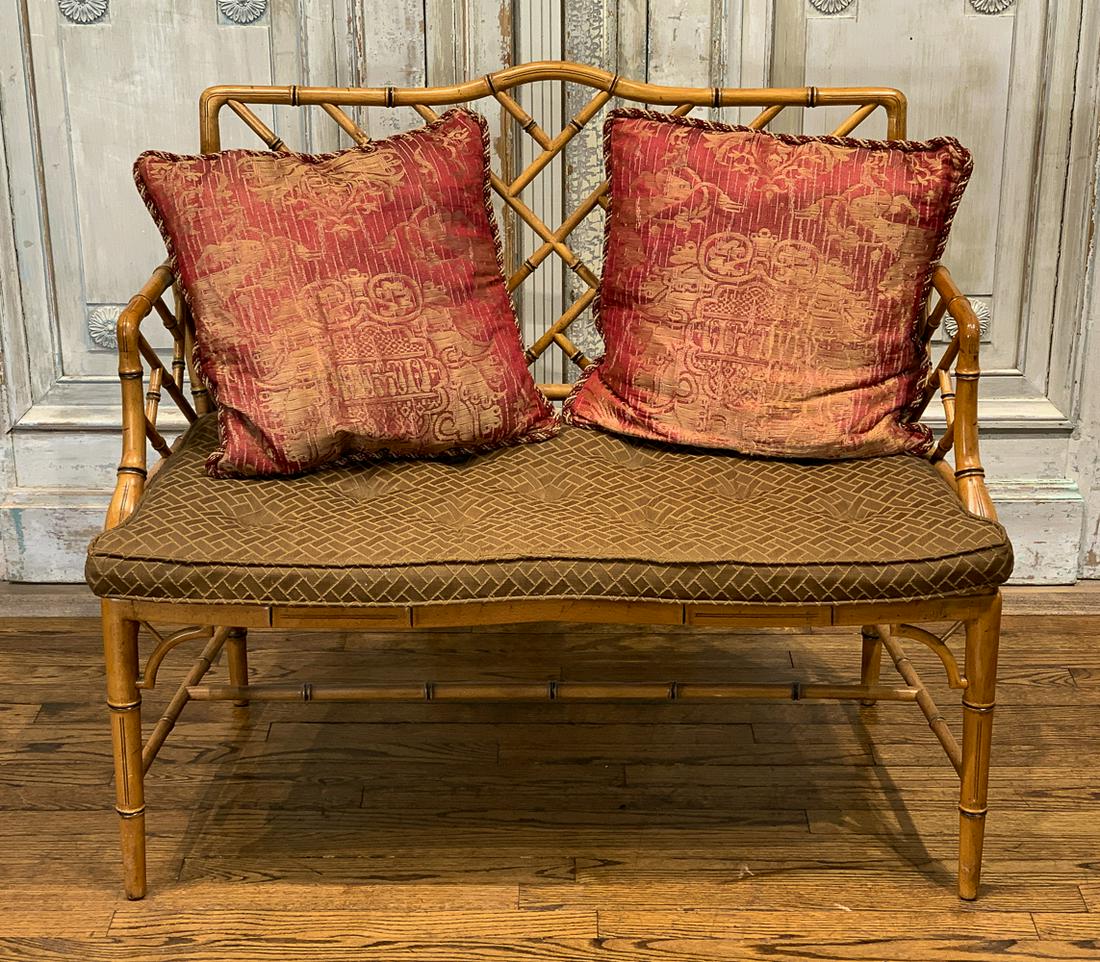 Bamboo Settee With Custom Upholstery: 41w X 37h X 23d; Structurally Sound. 20c.