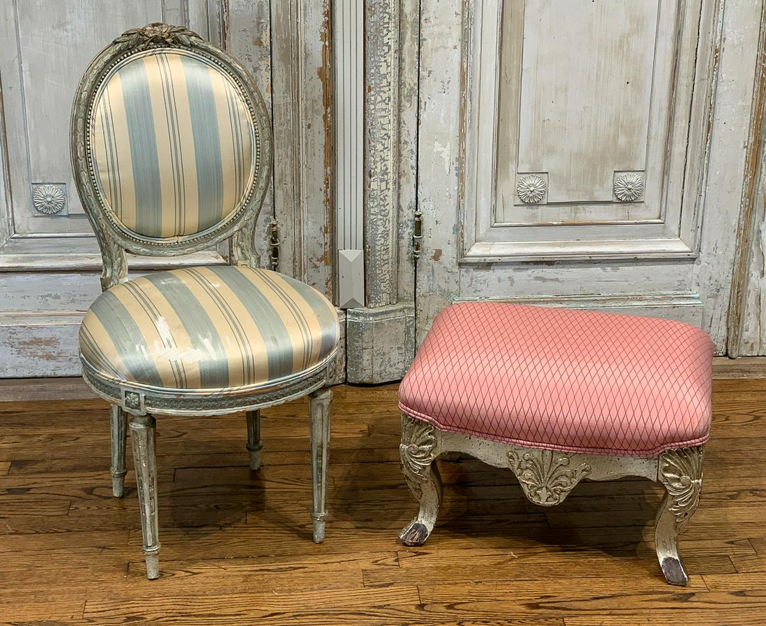 Antique French Painted Chair With Footstool: Louis XVI Chair 20d X 18w X 36h. Footstool Is 20th Century 22w X 17d X 14h. See Photos For Damage To Upholstery.