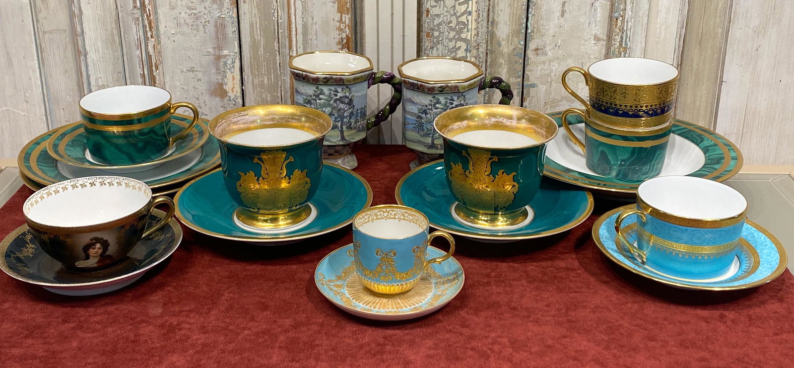 K P M, Dior, Faberge, Mackenzie Childs Lot: Teacups, Saucers, 1 Bowl. See Photos For Marks And Condition. 19 Pieces Total.