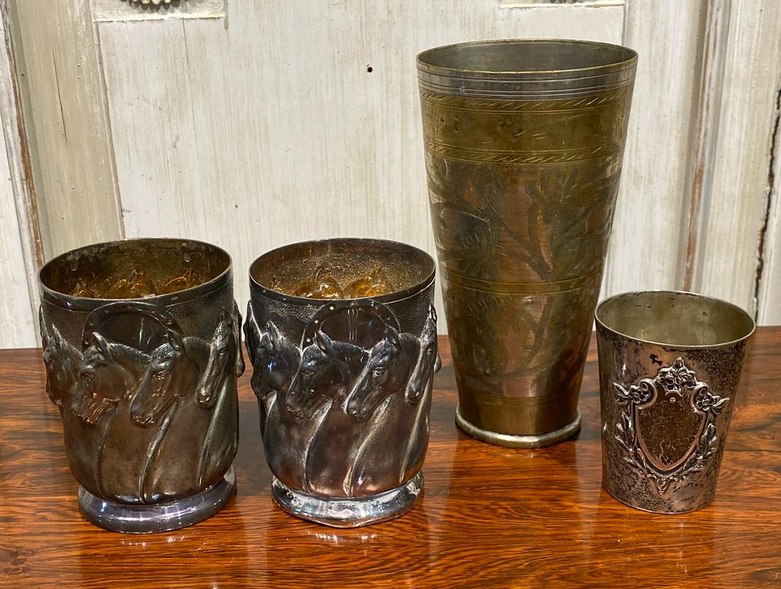 Group Of 4 Silver Vessels: 2 Silverplated Derby Mint Julep Cups With An Indonesian Spelter Vase And A Small Cup Of German Silver. Cup Is Marked 800 And Weighs 3.55 Ozt. Vase Is 7 Inches High.