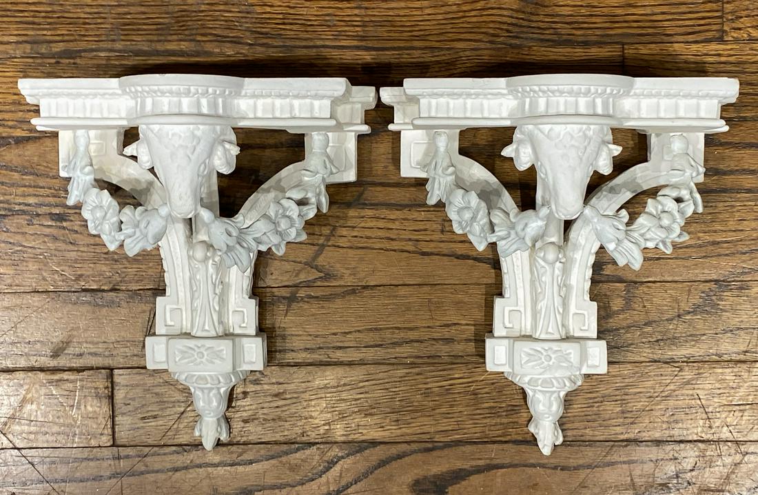 Pair Of Bisque-like Rams Head Brackets: Composite, See Photos For One Chip. 9 1/2 Wide X 10 1/2 High X 6 1/2 Deep