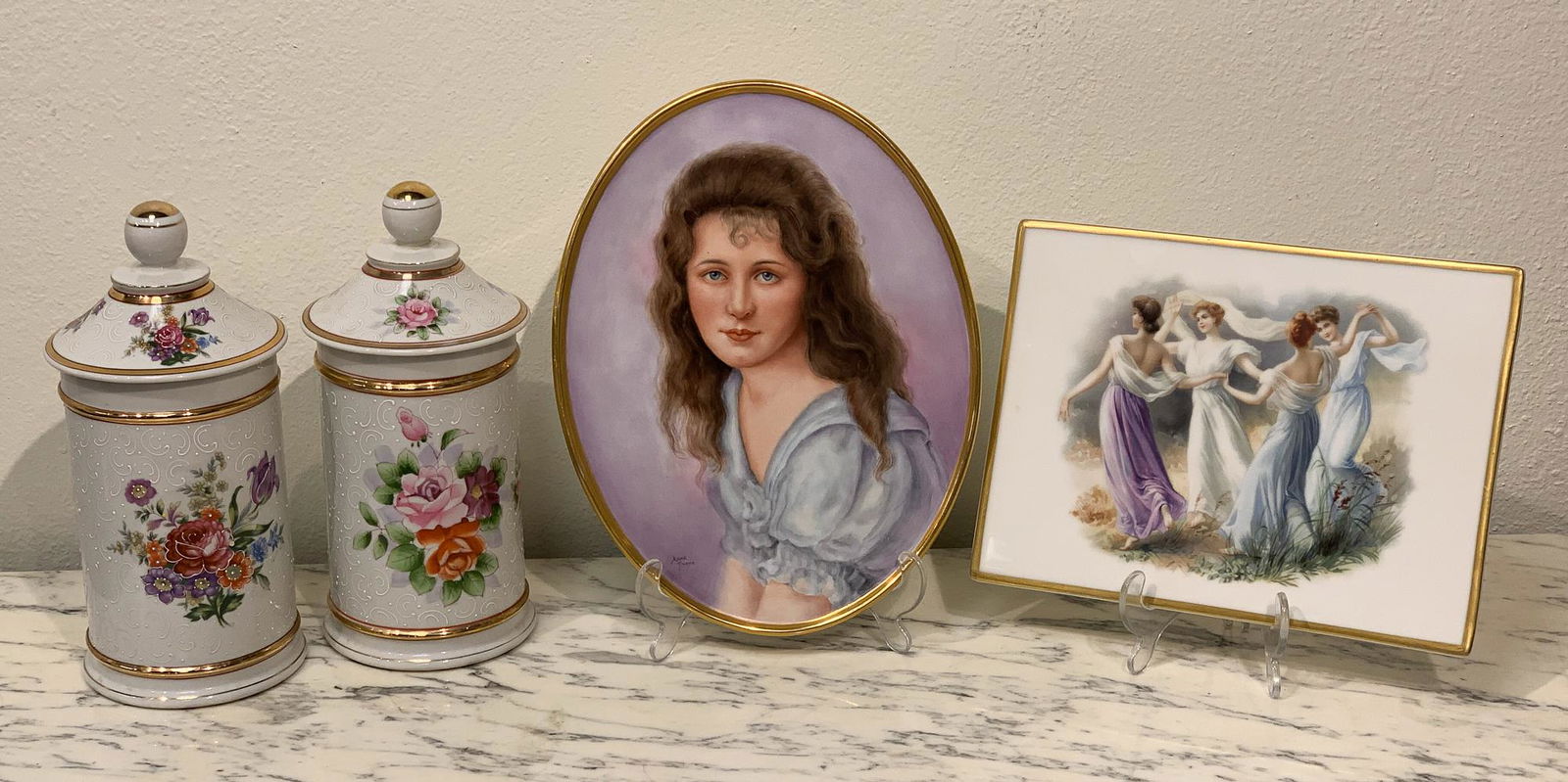 Painted Porcelain Group Lot, 4 Pieces: Limoge Porcelain Plaque Of Ladies Dancing. 11w X 8.25h. Gerold Tettau Porcelain Plaque Of Girl Signed Anne Dunne. 12.25h X 9.5w. Pair Of German Porcelain Lidded Jar With Marks. Each 11h X 5w. See Phot