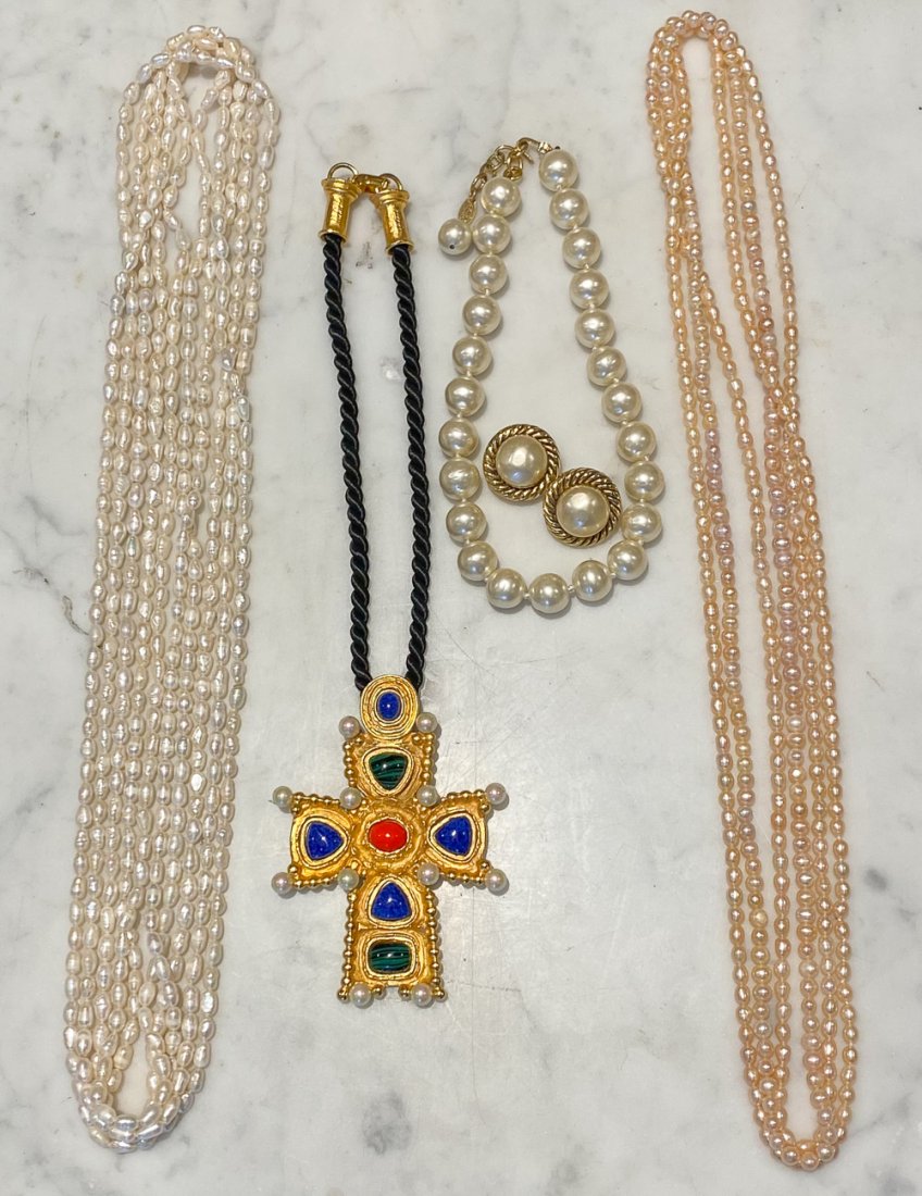 Chanel, Lacroix, and Pearl Group: Vintage Chanel Earclips and Choker, Vintage Christian Lacroix Byzantine Cross, and Pearl Strands. One Earring Without Chanel Plaque. The Plaque for the Lacroix Cross Has Also Come Off, So Be Advised T
