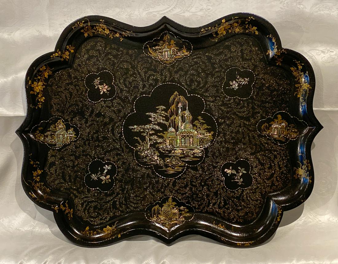 Large Japanned Tray With Abalone: And Mother-of-pearl Inlay. Very Nice Condition With Very Minor Loss, Very Slight Scuffs To Pointed Edges And Verso. Likely 1920. 32 1/2 Wide By 24 1/2 High