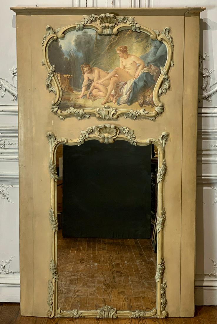 Fine 19th Century French Trumeau Mirror: With Excellent Painting Of Artemis Bathing After A Hunt. 78.75h X 48.25w X 3d. A Few Minor Losses To Painted Finish, And Loss To Trim Piece. Canvas Could Use Restretching. See Photos For Condition.