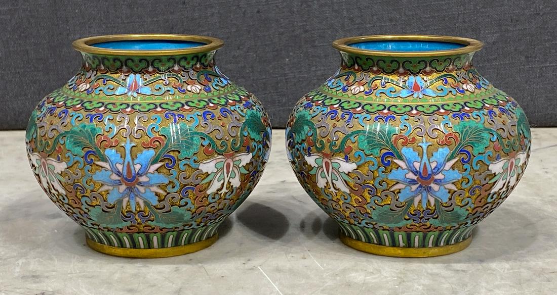 Pair Of Champleve Vessels: 4 Inches High With 2.5 Inch Openings. See Photos For Condition, 20c.